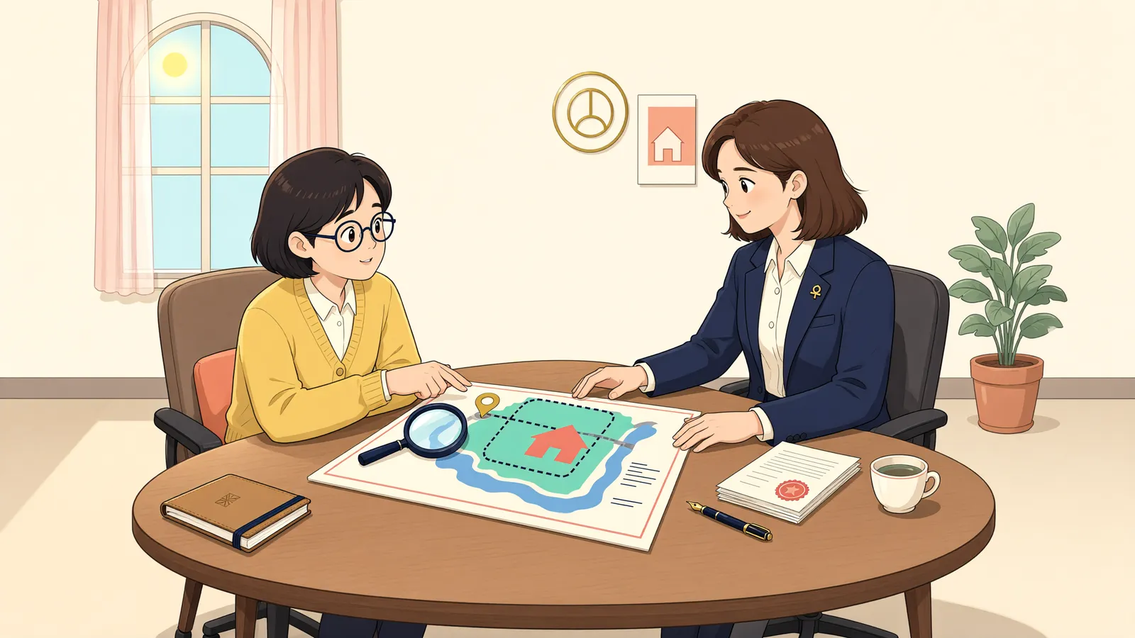 「땅을 걸쳐 지은 건물, 지상물매수청구는 어디까지 될까」 상황을 그린 삽화