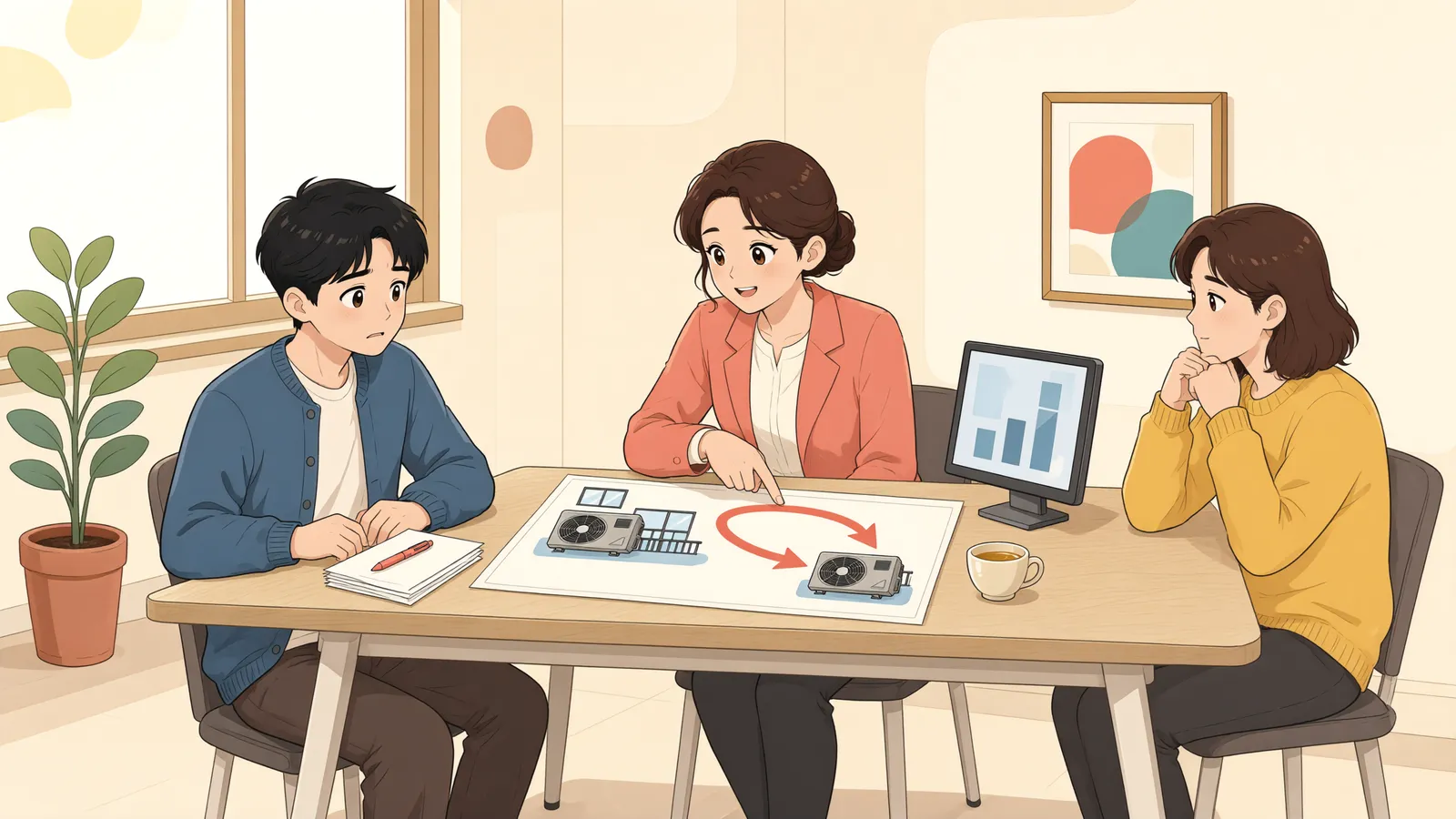 「창문을 열 때마다 들어오는 실외기 열기, 이전까지 요구할 수 있을까」 상황을 그린 삽화