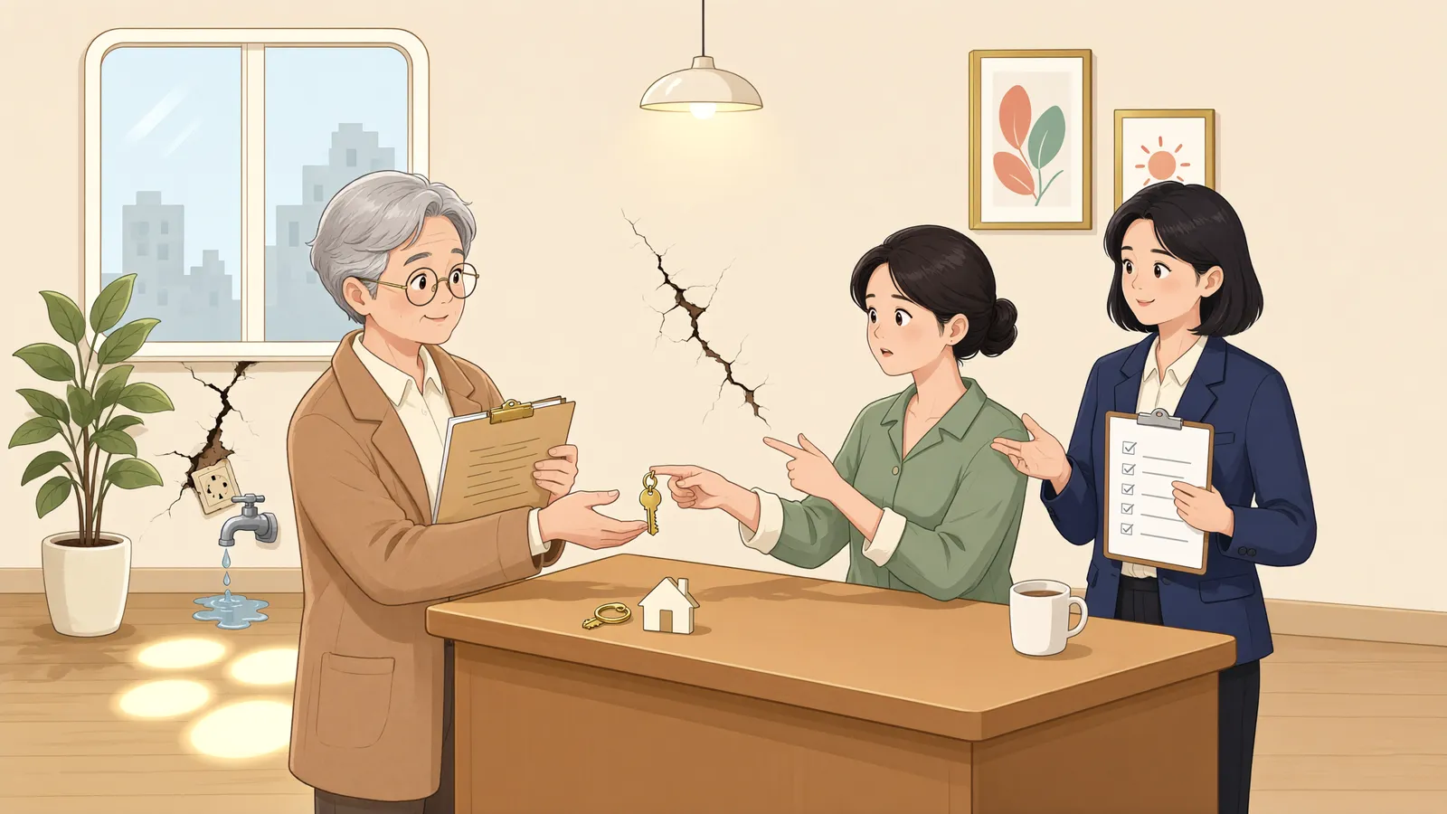 「입주하고 나서야 보인 누수, 집주인에게 수리를 요구할 수 있을까?」 상황을 그린 삽화