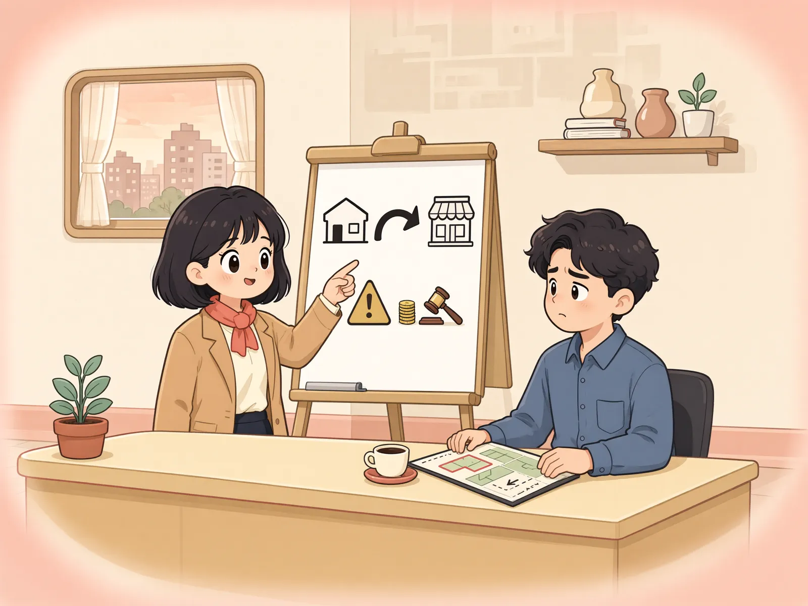 「음식점에서 자동차 영업소로, 이행강제금은 적법할까」 상황을 그린 삽화