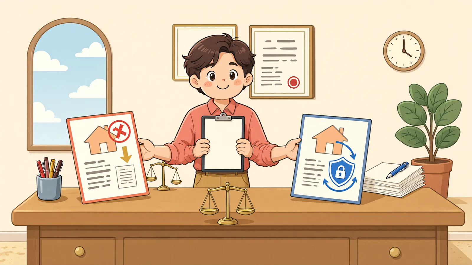 「돈 받을 권리라면 가압류, 땅을 지킬 권리라면 가처분」 상황을 그린 삽화