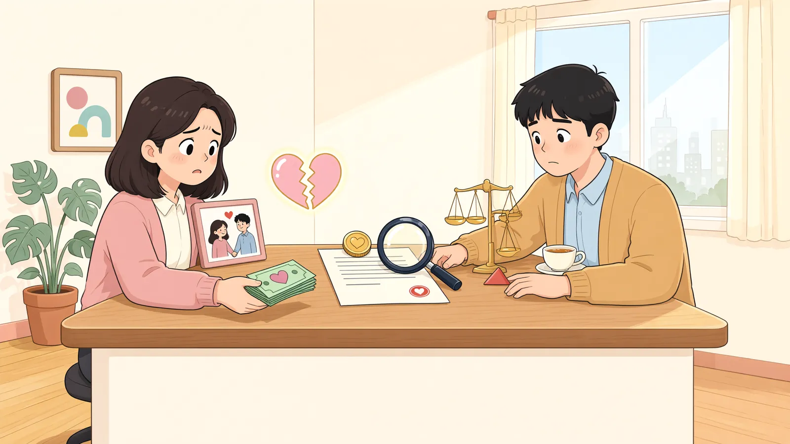 「연인에게 보낸 돈, 헤어진 뒤 빌려준 돈이 될까」 상황을 그린 삽화
