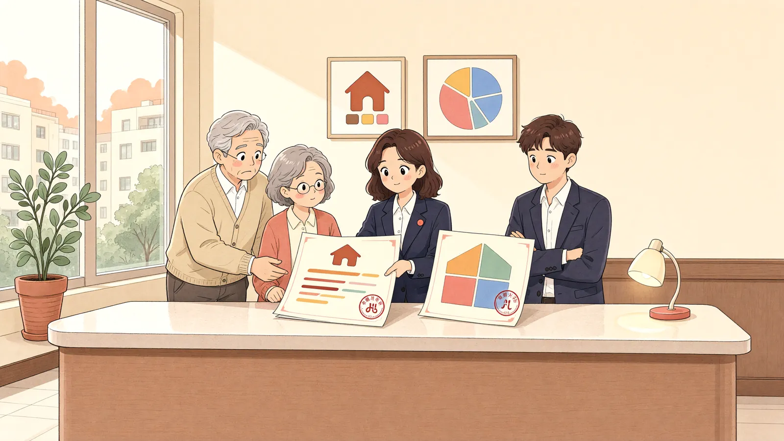 「상속받은 건물, 바로 공유물분할 소송을 할 수 있을까」 상황을 그린 삽화