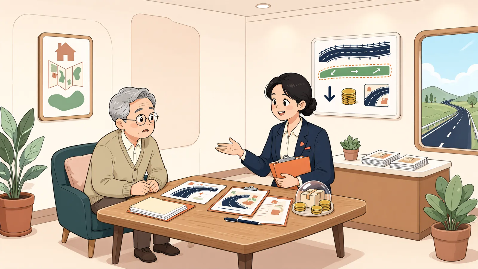 「잔여지 값이 떨어졌다면, 누구에게 보상을 청구할까」 상황을 그린 삽화