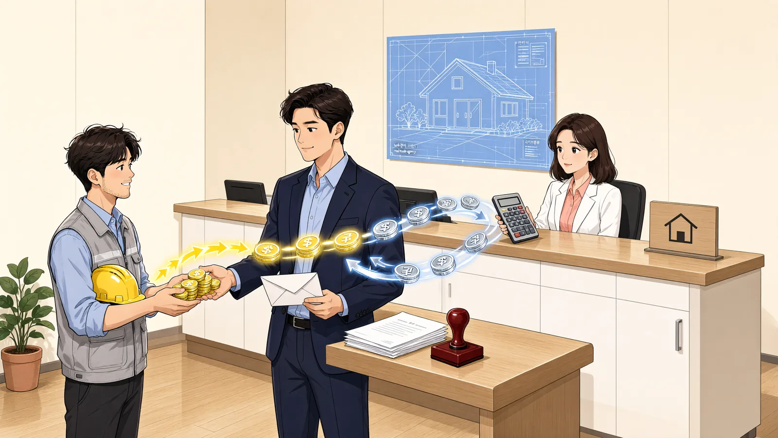 「선급금이 먼저 소진됐다면, 하수급인의 직접청구는 어디까지 가능할까」 상황을 그린 삽화