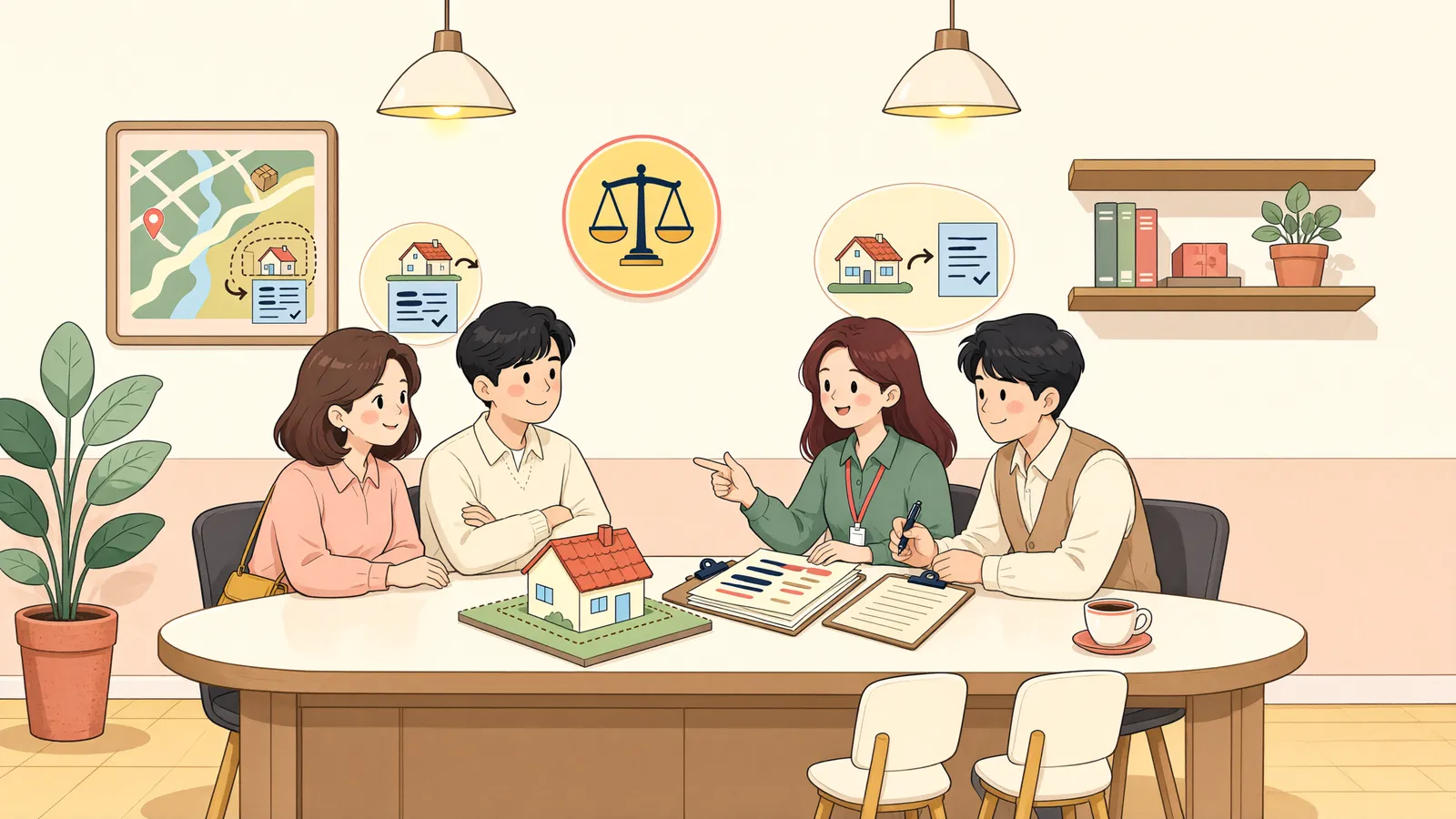 「과수원 나무를 지킬 권리, 경매로 땅 주인이 바뀌면 달라질까」 상황을 그린 삽화