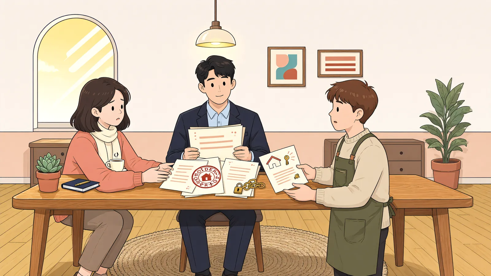 「집주인이 바뀌면 보증금 가압류는 어디로 갈까?」 상황을 그린 삽화