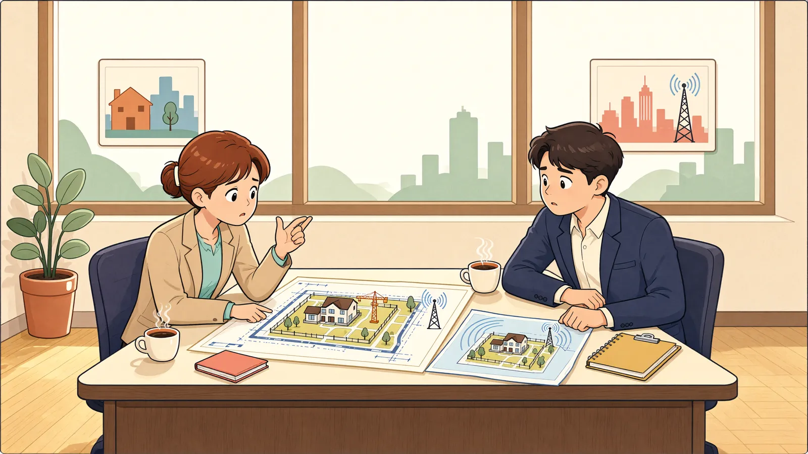 「전파 경로를 가린 신축 건물, 손해배상까지 해야 할까?」 상황을 그린 삽화