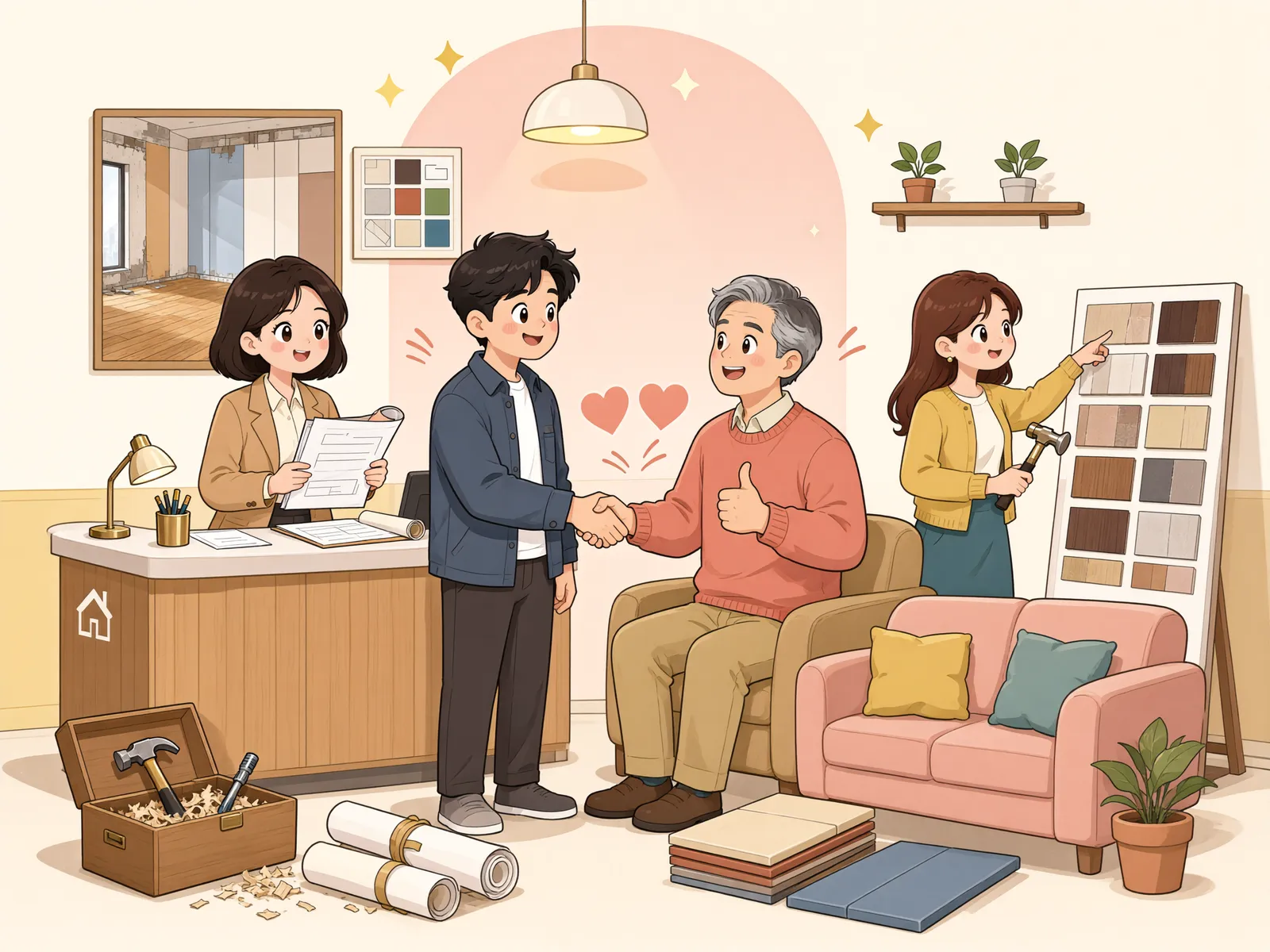 「공사에 이의 없던 임대인, 나중에 계약을 해지할 수 있을까」 상황을 그린 삽화