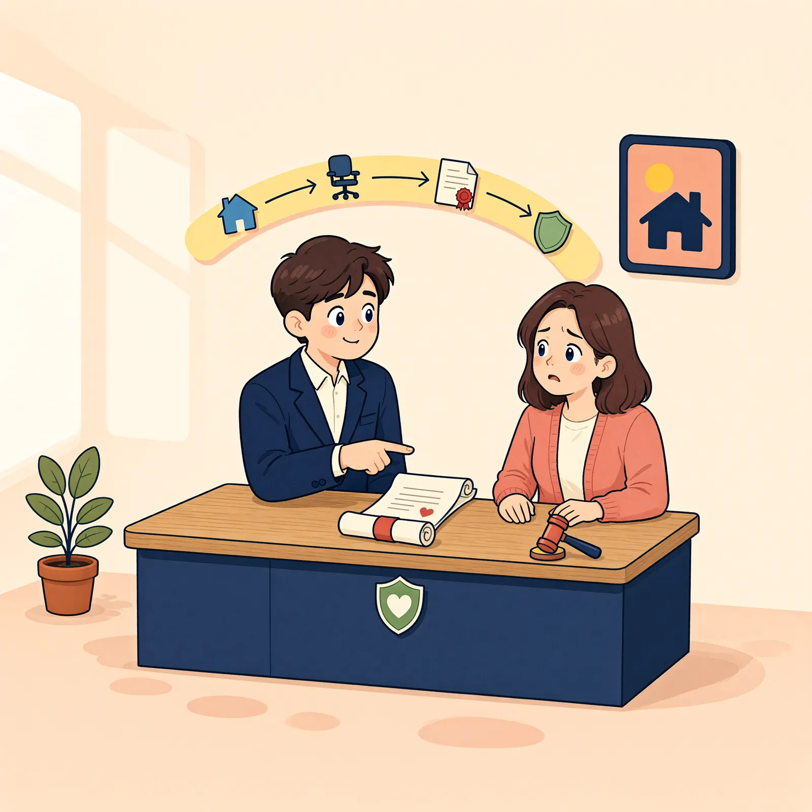 「경매 중 이사해도 소액임차인 권리를 지킬 수 있을까」 상황을 그린 삽화