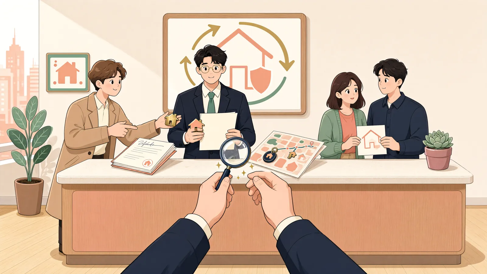 「담보신탁된 임대주택, 보증금은 누구에게 청구할까」 상황을 그린 삽화