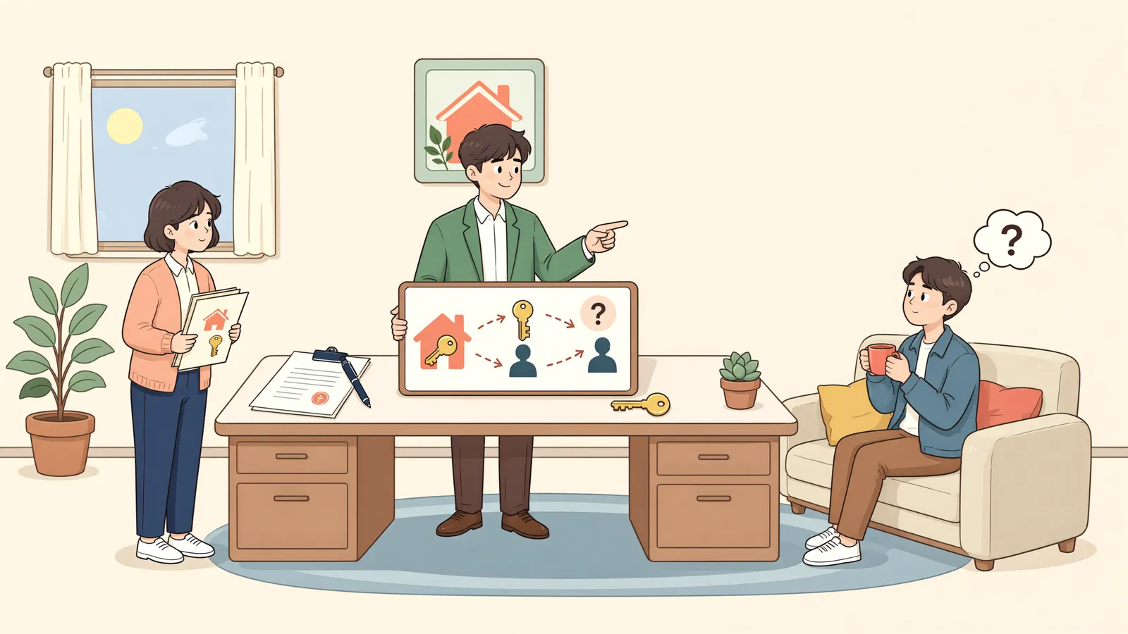 「세입자가 점유 중인 점포, 매도인에게 인도를 청구할 수 있을까」 상황을 그린 삽화