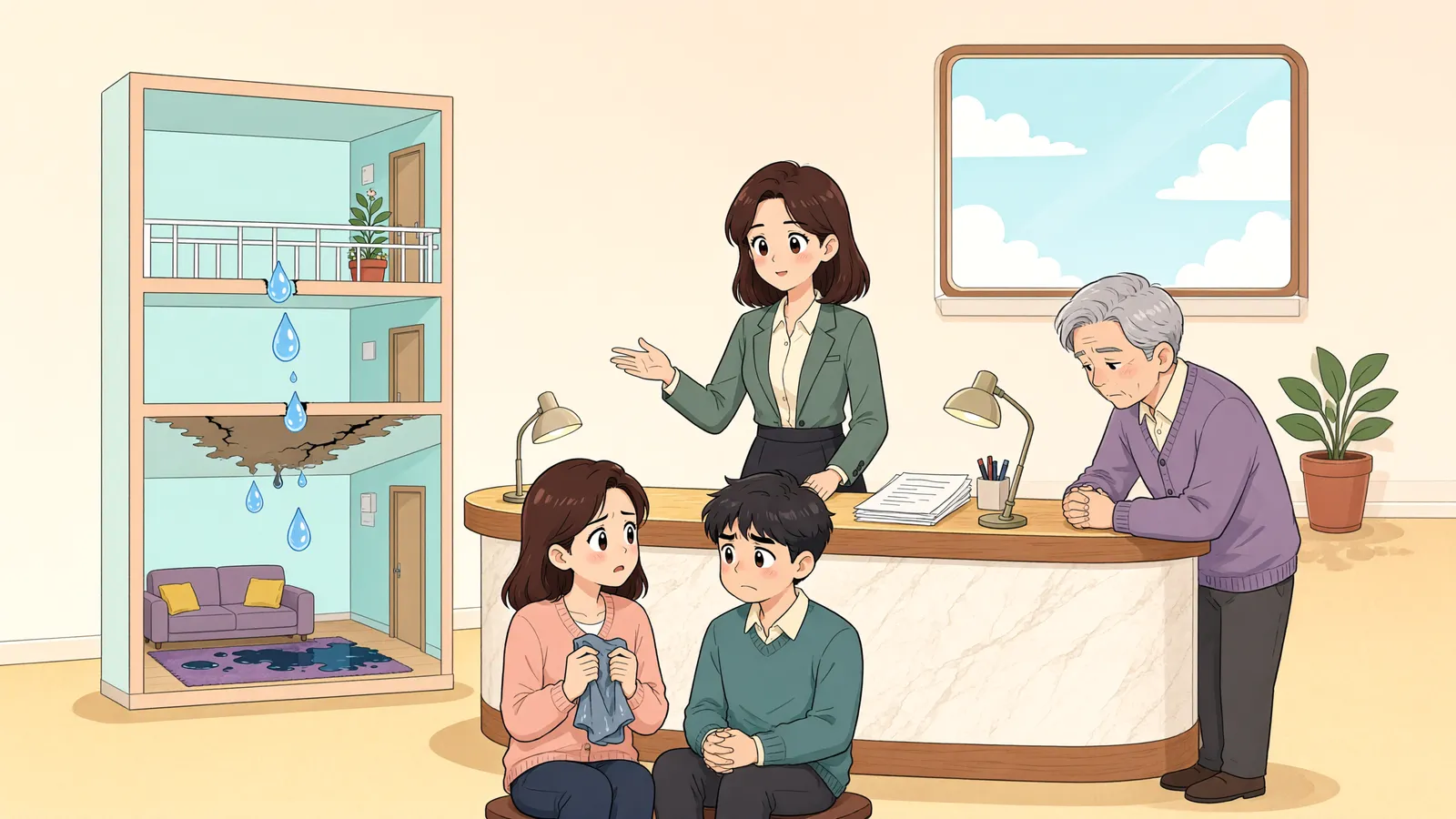 「베란다 누수, 윗집 책임일까 관리단 책임일까」 상황을 그린 삽화