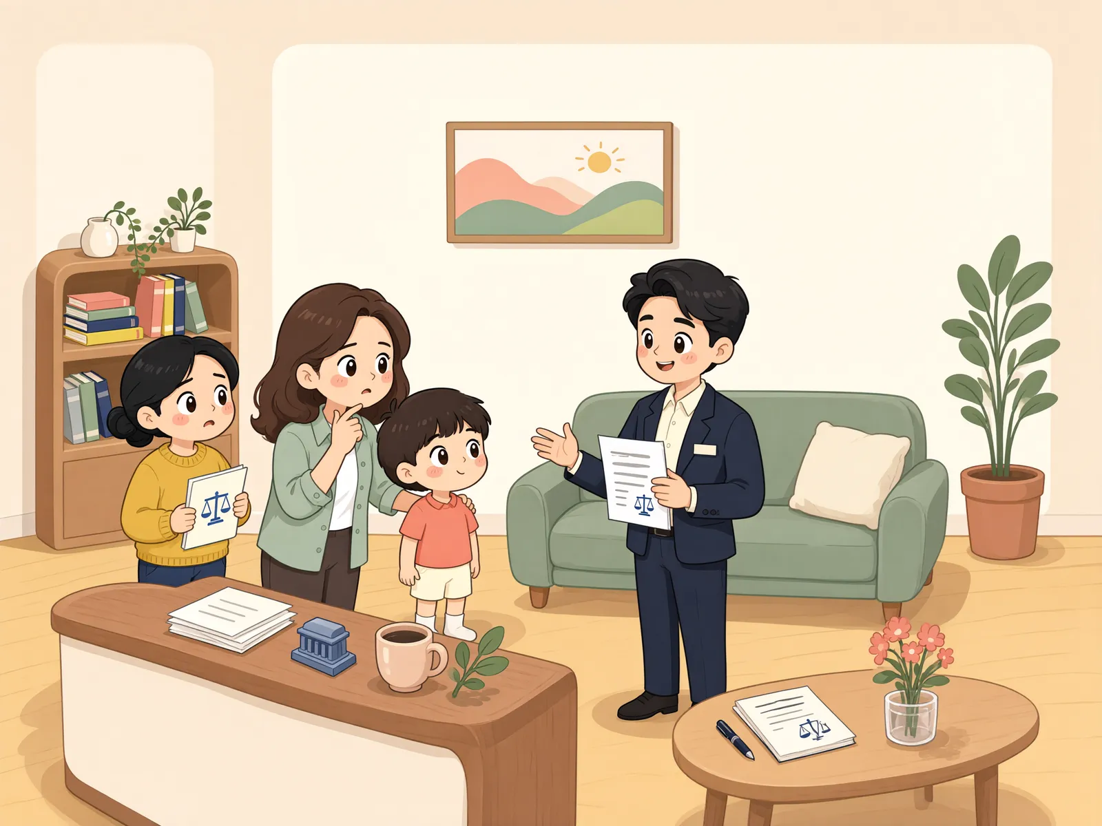 「소액사건 변론기일, 언니가 대신 출석할 수 있을까?」 상황을 그린 삽화