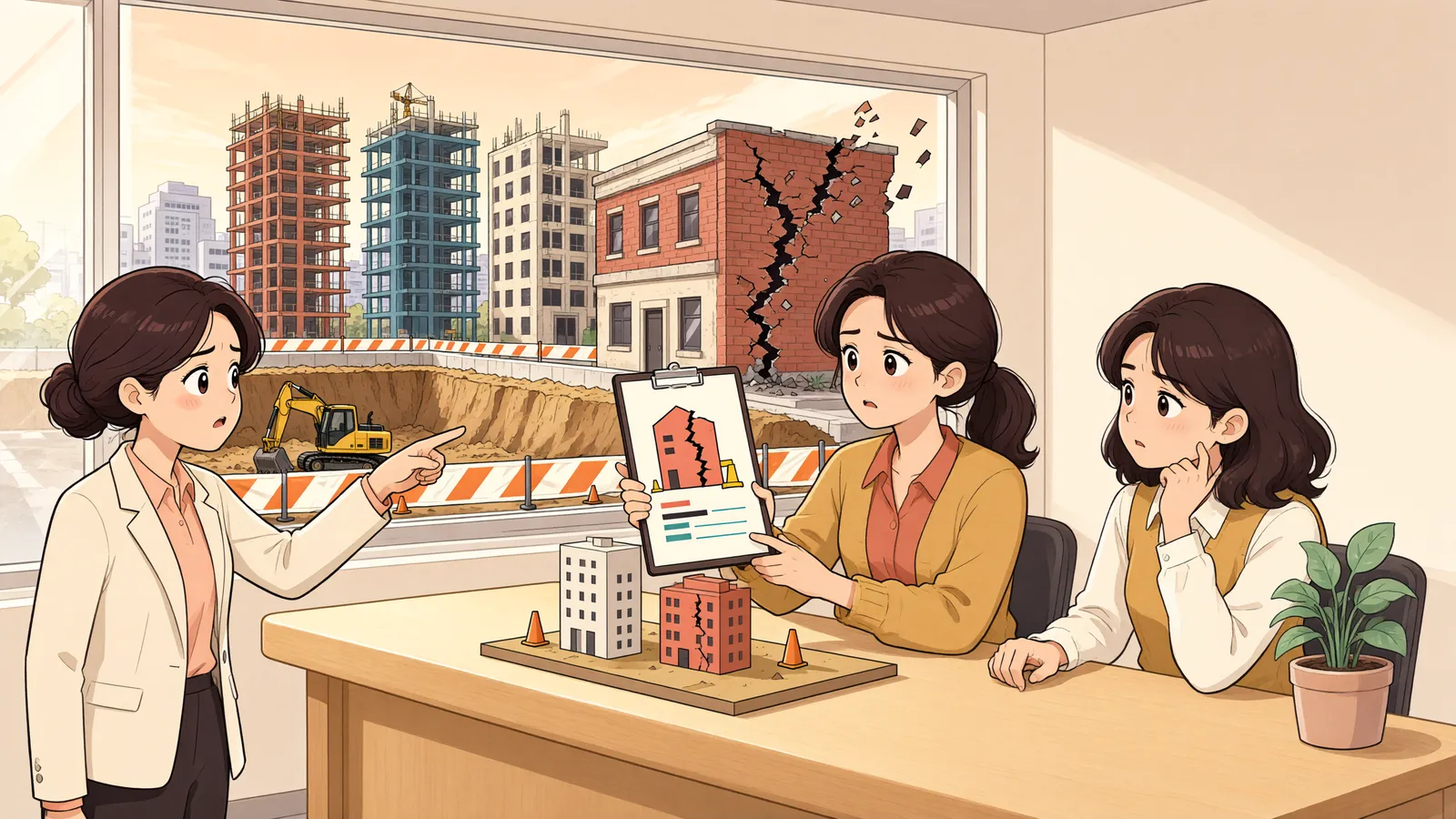 「굴착은 끝났는데 공사중지 신청이 될까요?」 상황을 그린 삽화