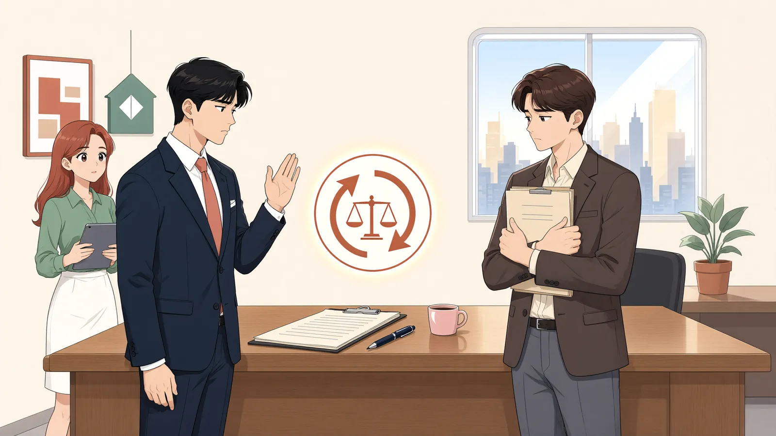 「보증금에 추심명령이 내려졌다면, 열쇠부터 넘겨야 할까?」 상황을 그린 삽화