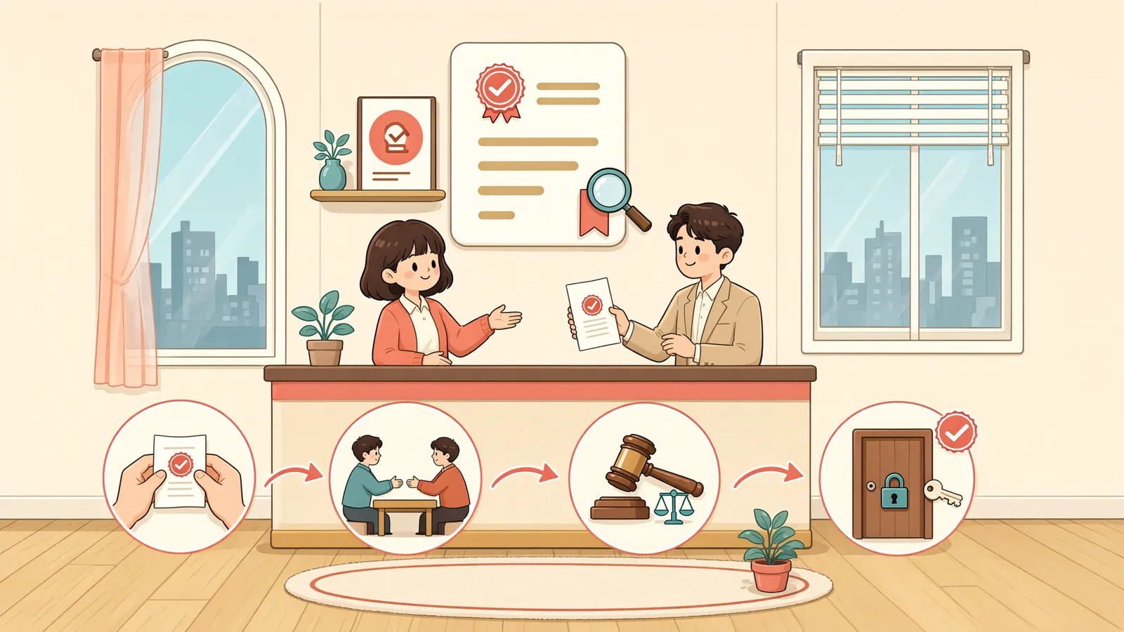 「확정된 지급명령, 집행문 없이 강제집행할 수 있을까?」 상황을 그린 삽화