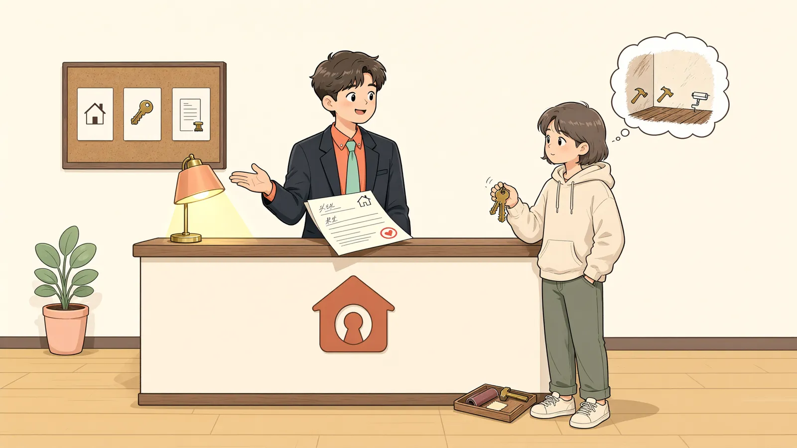 「공방의 불 꺼진 형광등, 임차인이 꼭 고쳐야 할까?」 상황을 그린 삽화