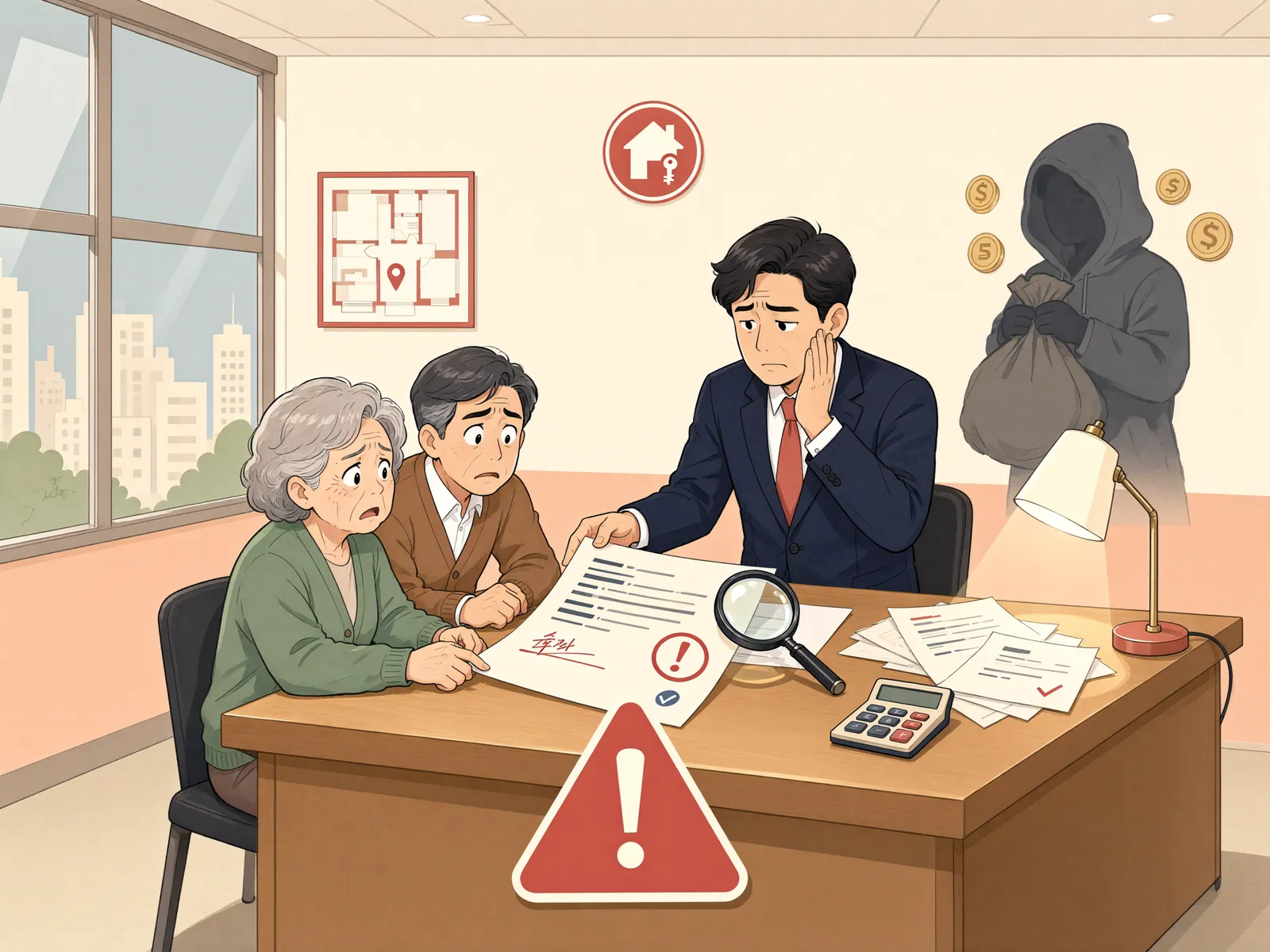 「분양 사기, 중개사에게도 책임을 물을 수 있을까」 상황을 그린 삽화