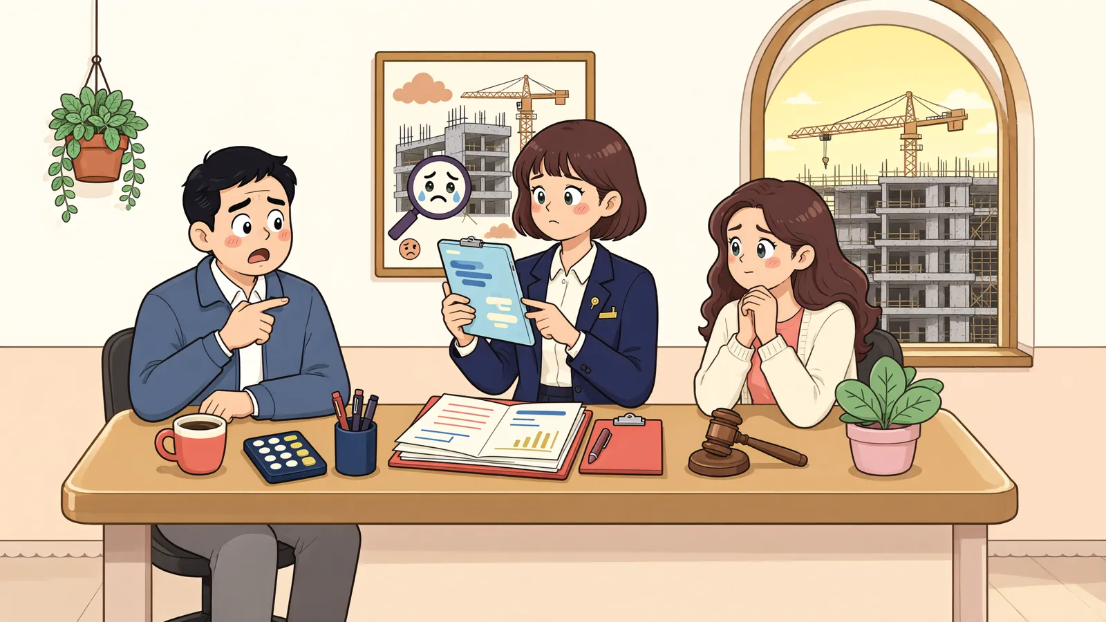 「미등기 신축 건물에도 강제경매를 신청할 수 있을까」 상황을 그린 삽화