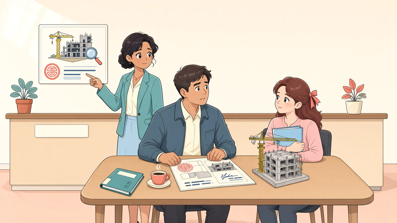 「공사 중인 건물, 토지와 함께 경매될까」 상황을 그린 삽화