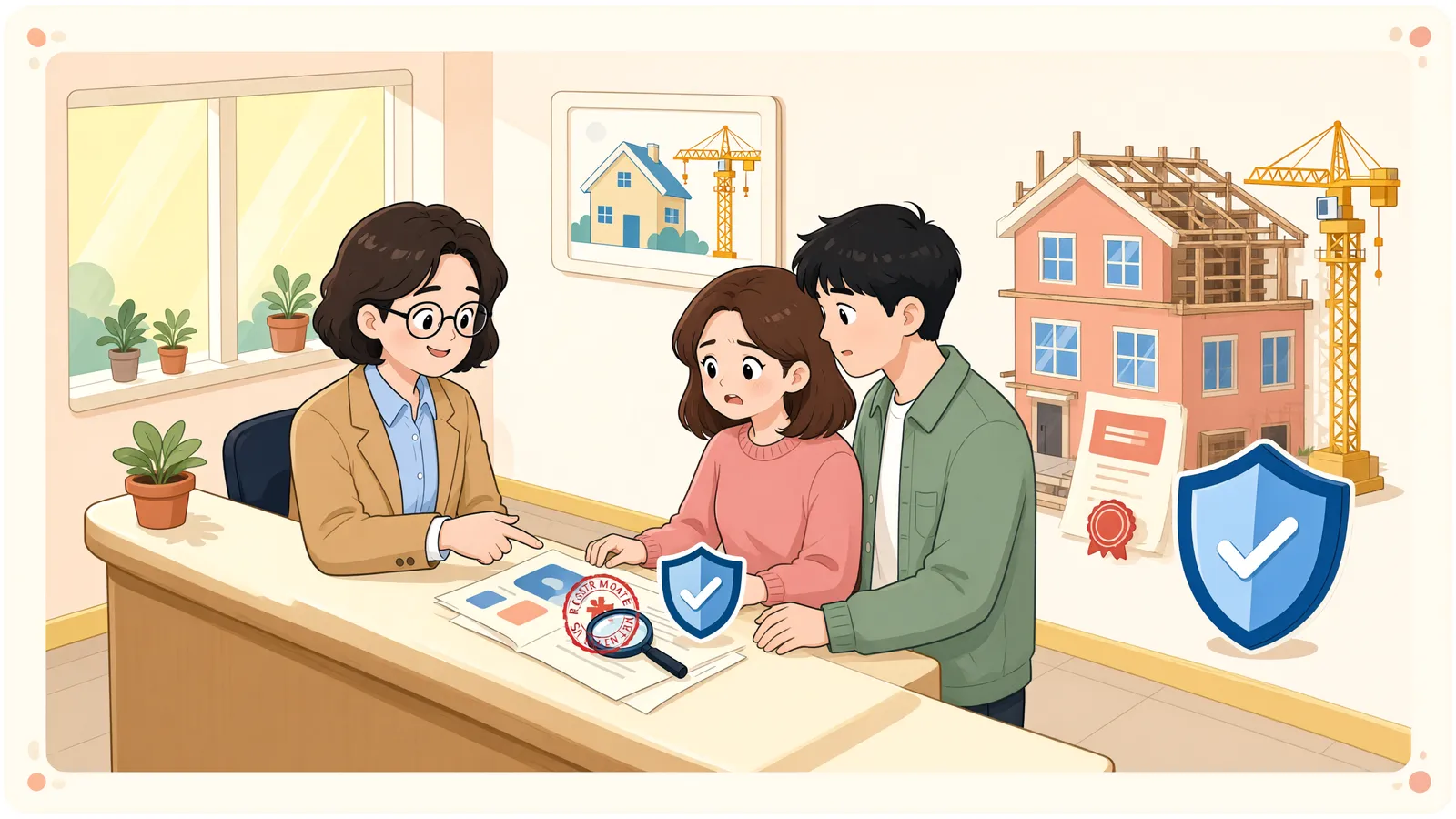 「신축 중 설정된 근저당, 세입자 집은 지켜질까?」 상황을 그린 삽화