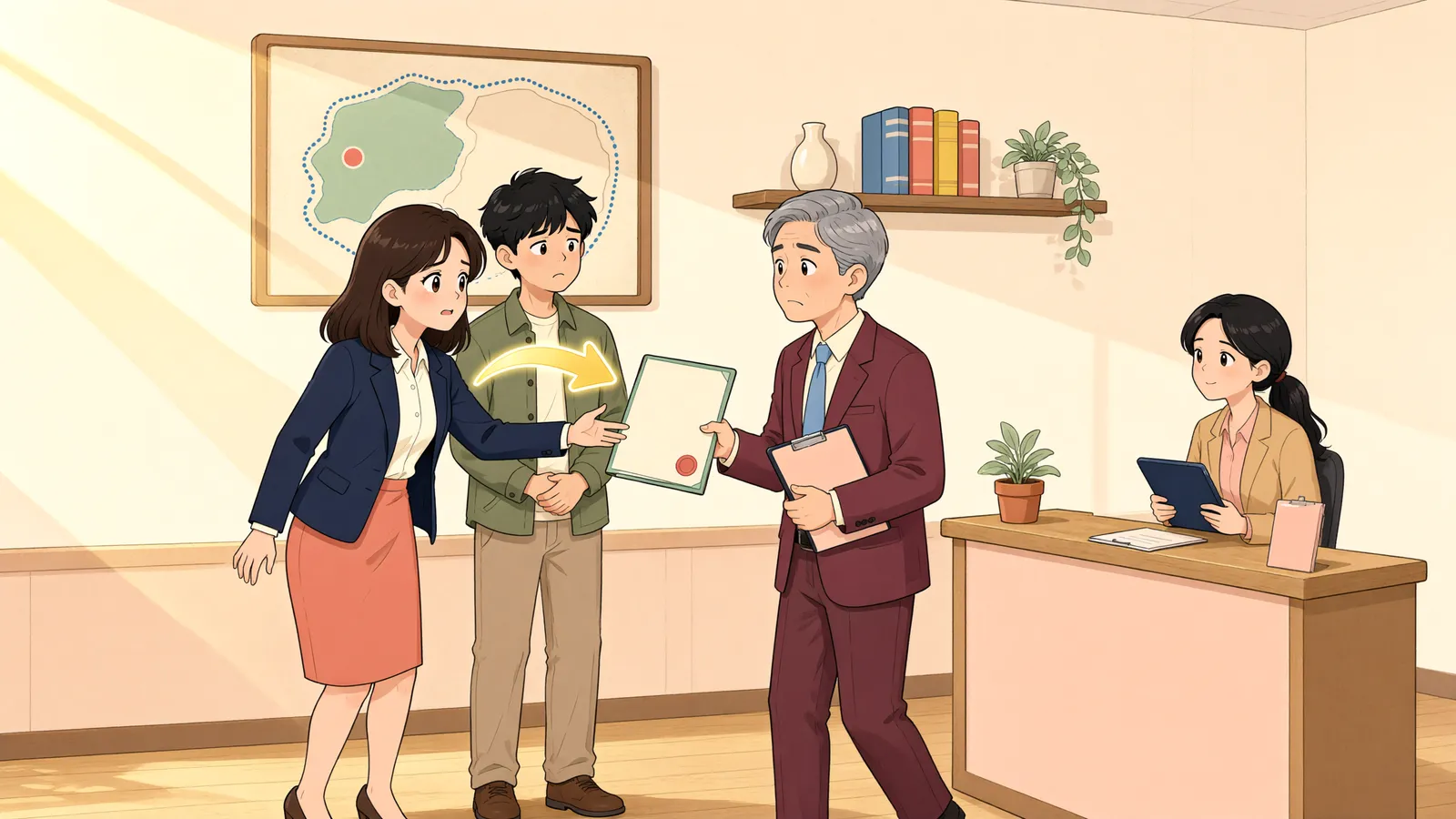 「허가 없는 토지 매매, 앞선 매도인에게도 협력을 요구할 수 있을까」 상황을 그린 삽화