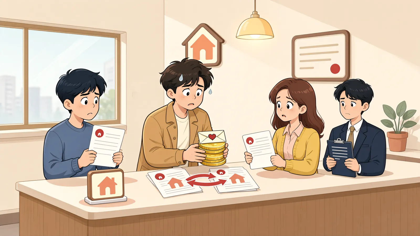 「중도금까지 받았는데, 더 비싼 매수인이 나타났다면」 상황을 그린 삽화