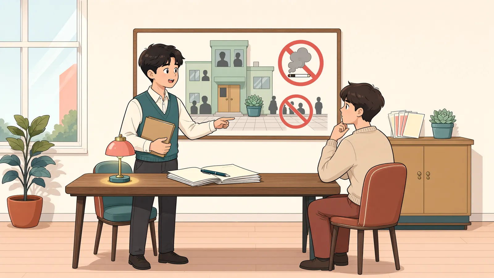 「계단 흡연, 금연 안내문만으로 과태료를 물릴 수 있을까?」 상황을 그린 삽화