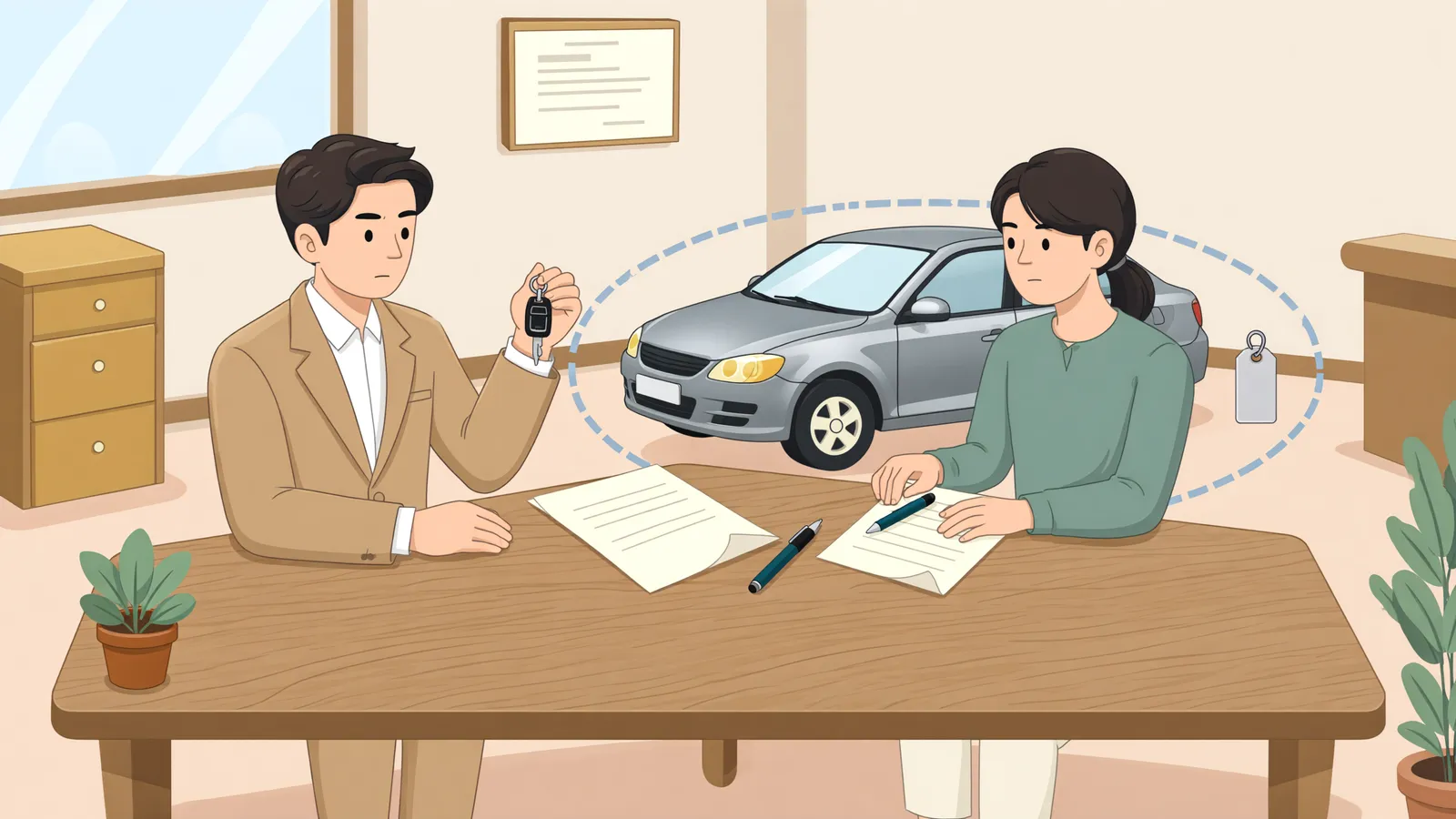 「차량을 맡겼다고 대여금 담보가 될까?」 상황을 그린 삽화