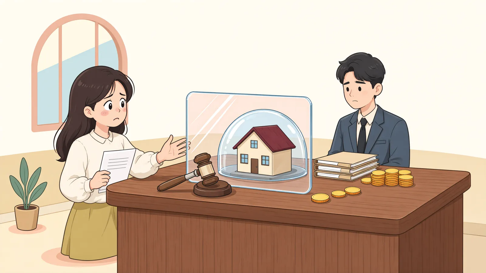 「집이 팔리지 않은 채 면책됐다면, 보증금도 사라질까?」 상황을 그린 삽화