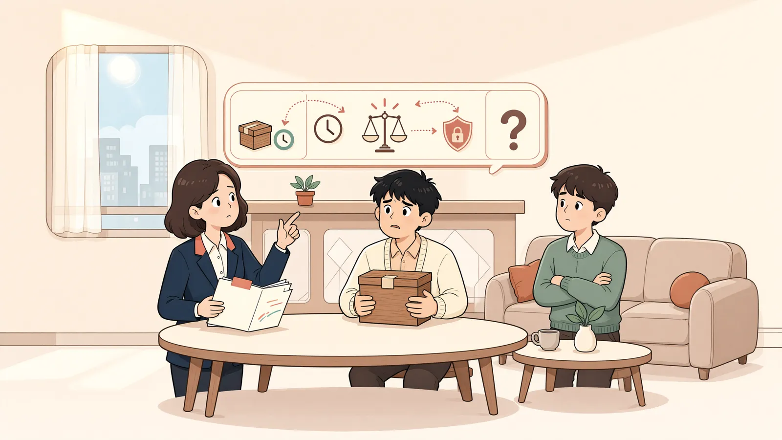 「먼저 지은 건물의 공사대금, 나중에 점유해도 유치권이 될까」 상황을 그린 삽화