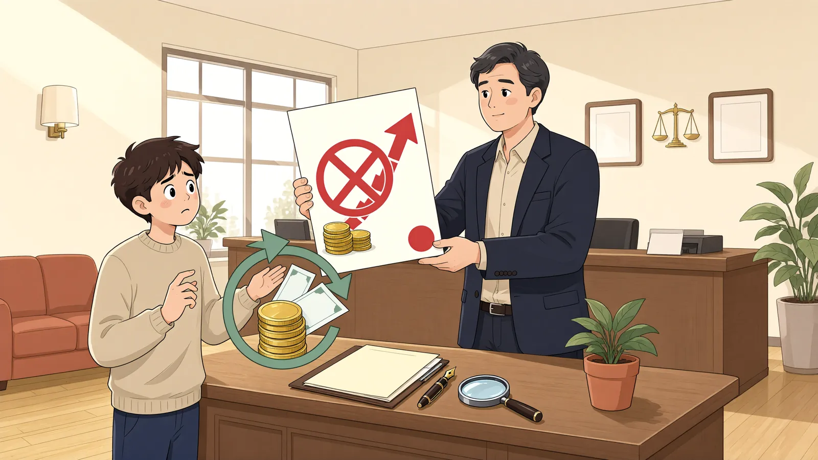 「월 4% 이자를 꼬박 냈는데, 원금은 그대로일까요?」 상황을 그린 삽화