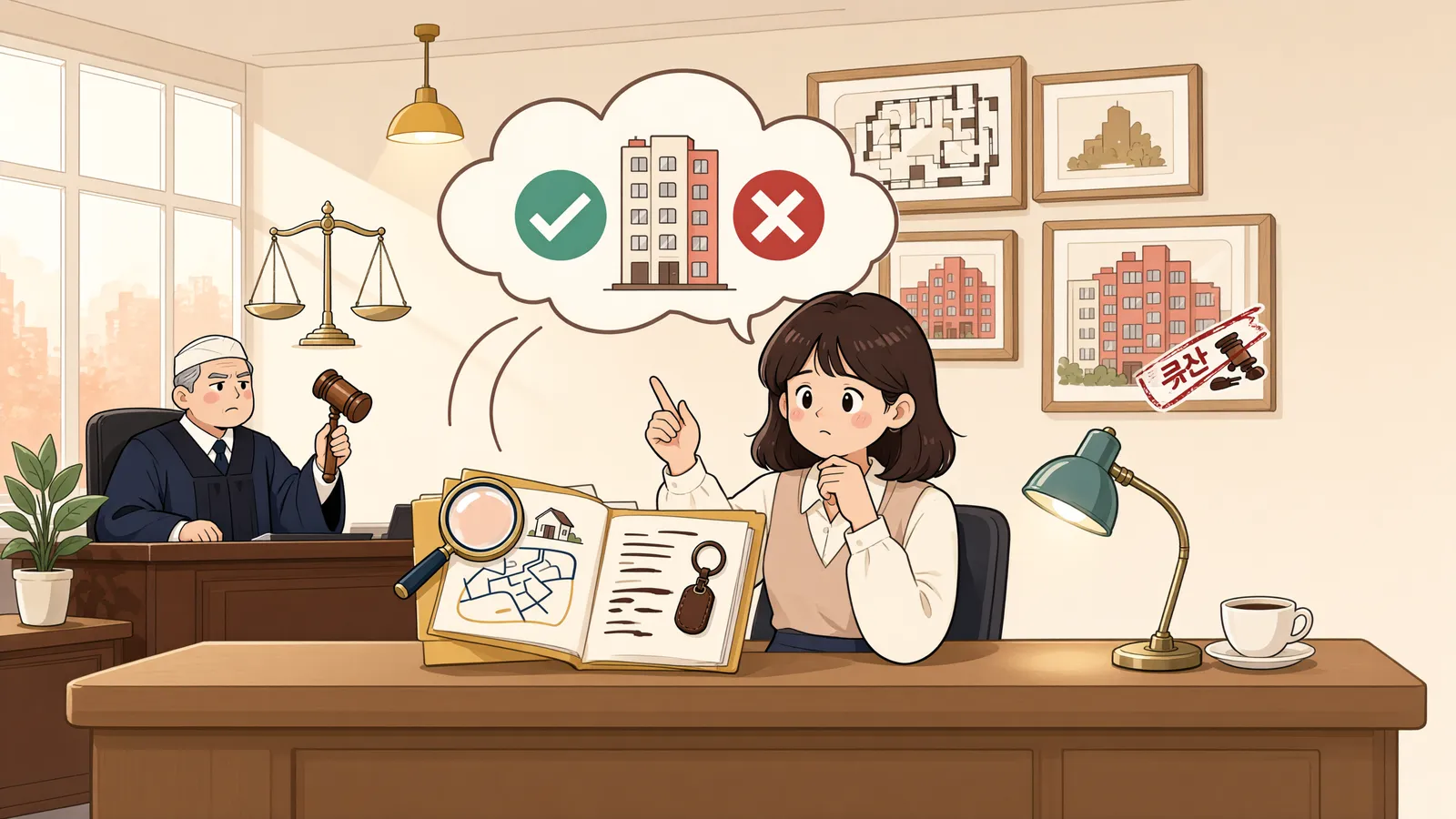 「경매 대신 월세로 갚게 할 수 있을까?」 상황을 그린 삽화
