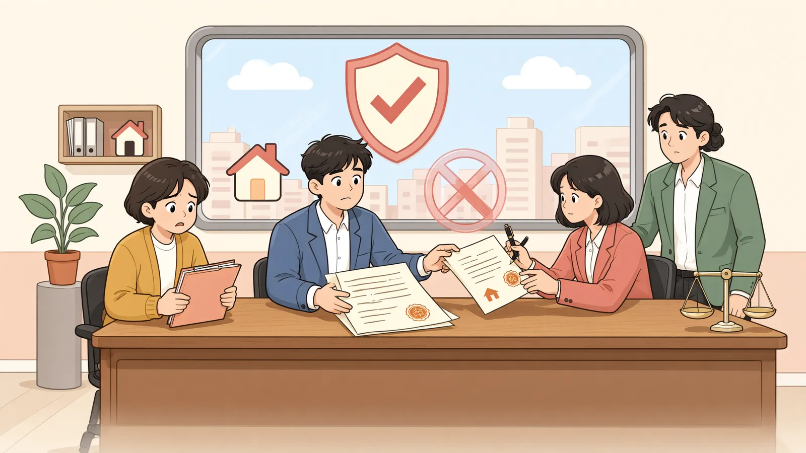「채무자를 상대로 사해행위 취소를 청구할 수 있을까」 상황을 그린 삽화