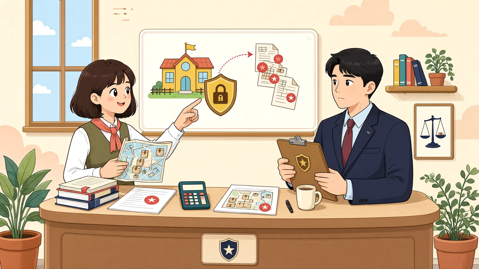 「학교가 옮긴 뒤 남은 땅, 강제경매할 수 있을까」 상황을 그린 삽화
